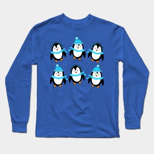 Festive Winter Penguins with Blue Scarves and Hats on a Dark Blue Backdrop, made by EndlessEmporium Long Sleeve T-Shirt